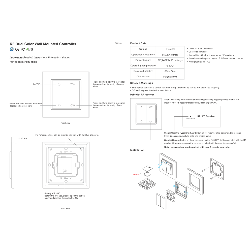 Sunricher lasikytkin lämmön sävy säätö